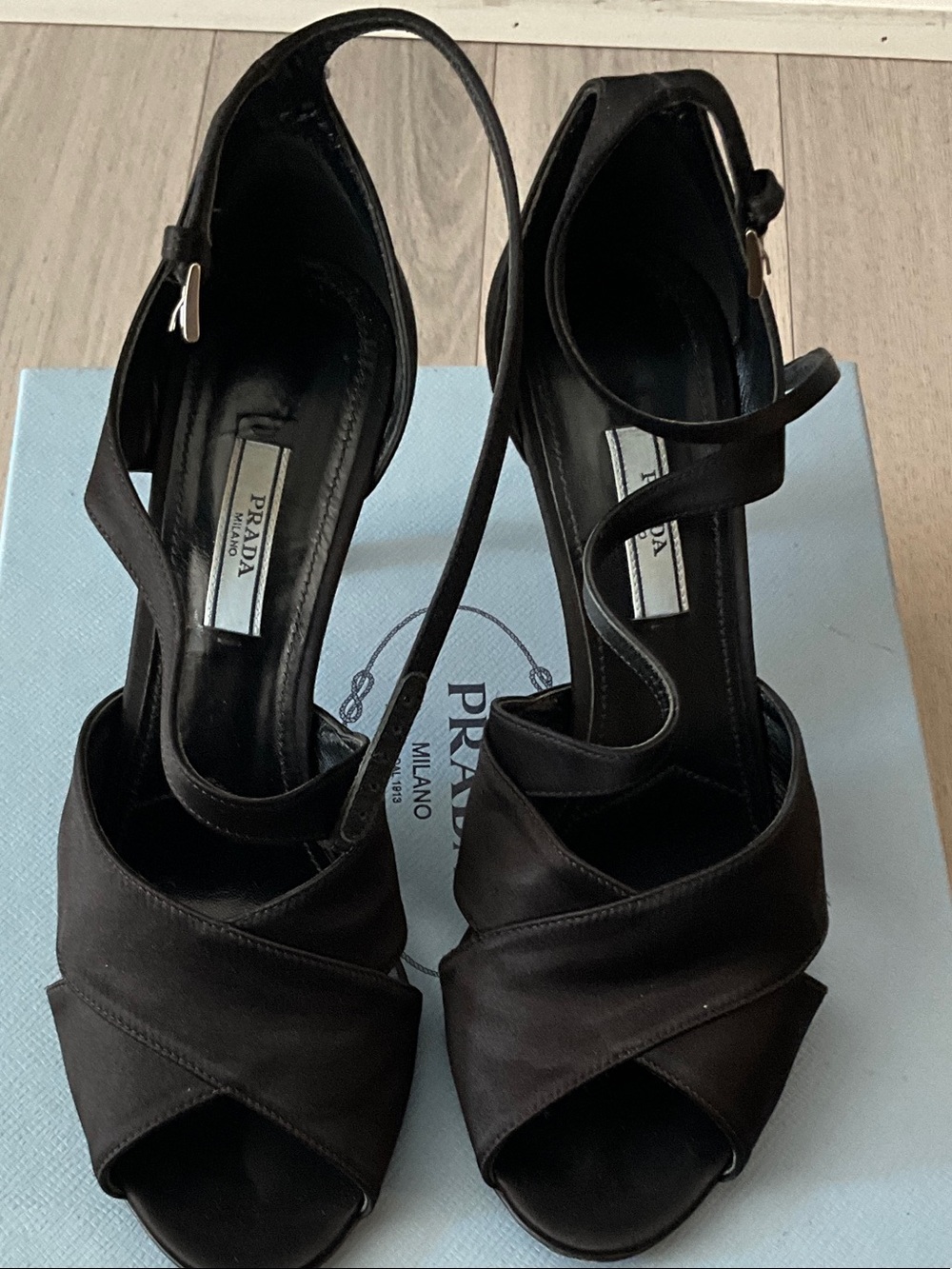 Prada Black Leather Crisscross Open-Toe Ankle-Strap Heels
